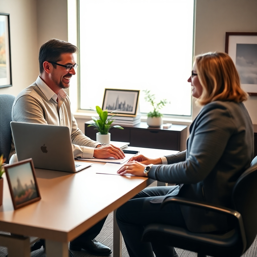 A photorealistic, 8K resolution image depicting a well-lit, modern office in The Woodlands, TX.  A friendly, professional tax consultant is seated across from a client, both smiling. Soft, diffused natural light streams in from a large window to the left. The color palette is warm and inviting, with earth tones and calming blues. The consultant's desk is meticulously organized, showcasing a laptop displaying tax software, neatly stacked files, and a plant. The client is holding paperwork related to tax returns. The scene is captured from a slightly elevated angle, offering a clear view of both individuals. The textures are hyperrealistic, showing the smooth surface of the desk, the fine weave of the carpet, and the subtle textures of clothing. The overall mood is one of trust and confidence, evoking a feeling of calm and security. The style is similar to the work of Annie Leibovitz, focusing on genuine human connection.  Details like a framed photo of The Woodlands cityscape and a subtle Texas-themed accent piece on the desk add to the local feel. The background is slightly blurred to maintain focus on the consultant and client.