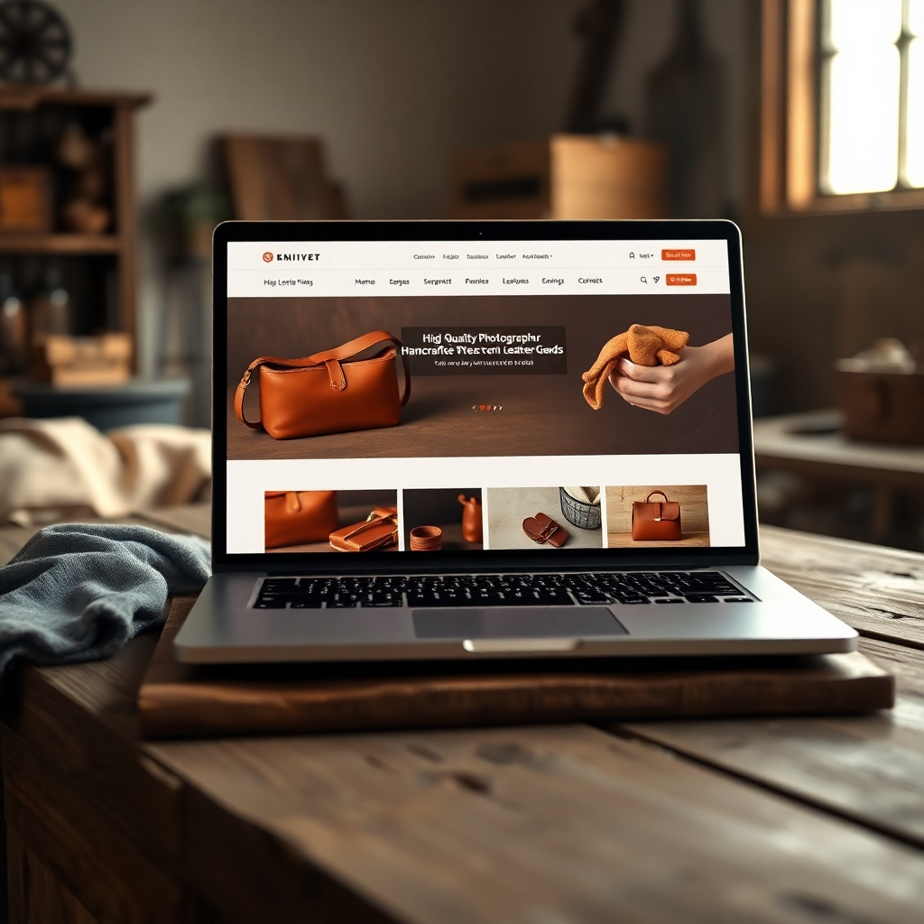 A photorealistic, 8K resolution image depicting a modern e-commerce website on a high-end laptop screen.  The website showcases high-quality product photography of handcrafted Texan leather goods. Soft, diffused lighting illuminates the scene. The color palette is warm and inviting, featuring earthy browns, deep reds, and creamy beiges, reflecting the products. The laptop is positioned on a rustic wooden table near a sunlit window, with a blurred background suggesting a cozy, rustic workshop. The camera angle is slightly elevated, looking down at the laptop. Textures include the smooth leather of the products, the rough wood of the table, and the soft fabric of a nearby throw blanket.  The overall mood is sophisticated and inviting, suggesting quality and craftsmanship. The style should emulate the work of Annie Leibovitz, with a focus on detailed product photography and atmospheric setting. Include subtle reflections on the laptop screen, creating a sense of depth.  The image should be hyperrealistic and ultra-detailed, showcasing exceptional texture and material representation.