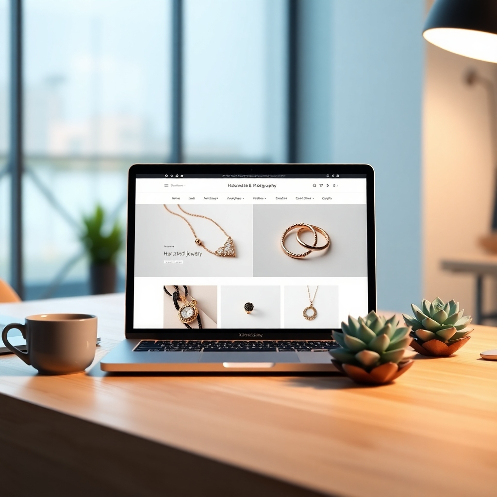 A photorealistic, 8K resolution image depicting a modern, clean e-commerce website displayed on a sleek MacBook Pro.  The website showcases high-quality product photography of handcrafted jewelry. Soft, diffused lighting illuminates the scene. The color palette is sophisticated and calming, using neutral tones with pops of gold to highlight the jewelry. The camera angle is slightly elevated, looking down onto the laptop screen from a 45-degree angle. The laptop rests on a light oak desk, next to a cup of coffee and a succulent plant.  The background is a blurred, out-of-focus view of a modern, minimalist office space.  The overall mood is professional, yet inviting.  Textures should be meticulously detailed – the smooth glass of the laptop screen, the rough texture of the oak desk, and the soft fur of the succulent.  The style should evoke the clean aesthetics of Apple product photography, combined with the detail and lighting of Annie Leibovitz's portraiture. The image should be hyperrealistic and ultra-detailed, focusing on the sharp clarity and visual appeal of the website interface and product photography.  Include subtle reflections on the laptop screen from the surrounding environment.