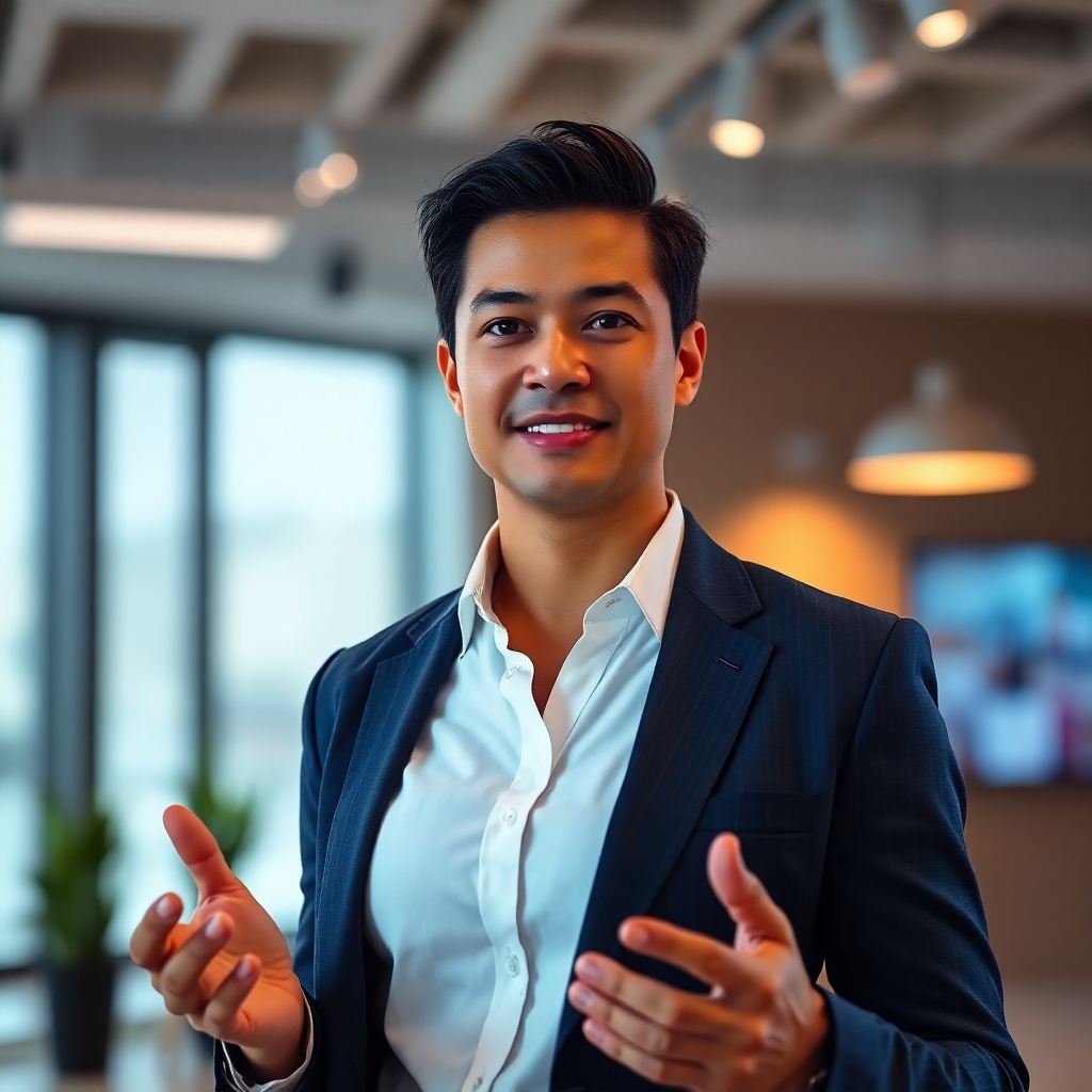 A photorealistic, 8K resolution, hyperrealistic video still image featuring a confident, professional spokesperson standing against a backdrop of a modern, well-lit studio. The spokesperson is dressed in smart business casual attire. Soft, diffused lighting creates a flattering and professional look. The color palette is composed of calm neutrals and vibrant accent colors that align with the company’s branding (imagine a tech company).  The camera angle is a medium shot, focusing on the spokesperson from the chest up. The spokesperson is gesturing naturally, as if in mid-conversation. There is a subtle bokeh effect in the background, drawing the viewer's eye to the spokesperson. The image should convey a sense of trust and expertise. Style reference: professional corporate videos from leading companies. The overall mood is calm, confident, and professional. Pay close attention to subtle details like skin texture, hair, and clothing texture. The image should feel realistic and high-end.