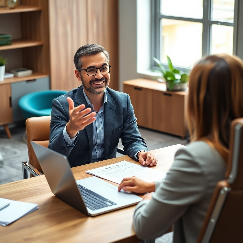 A photorealistic, ultra-high definition image (8K resolution) depicting a friendly tax professional, mid-40s, with warm, inviting eyes, sitting across from a client in a modern, well-lit office. Soft, diffused lighting illuminates the scene, creating a calm and reassuring atmosphere. The color palette is warm and neutral, with natural wood tones, soft grays, and pops of teal in the office décor. The camera angle is slightly elevated, creating an intimate yet professional feel. The tax professional's hands are gently gesturing as they explain something on a laptop screen displaying a tax form, emphasizing the personal touch. The client is visible but not in sharp focus, maintaining their privacy, dressed in business casual attire. The office features modern furniture, neatly organized documents, and potted plants, adding a touch of natural elegance.  The scene exudes professionalism, trust, and expertise, in the style of Annie Leibovitz. The image must be hyperrealistic, meticulously detailed, with textures such as soft leather of the chairs, the smooth surface of the desk, and the crisp paper of the tax documents clearly visible.  The overall mood is one of calm assurance and competent professionalism.