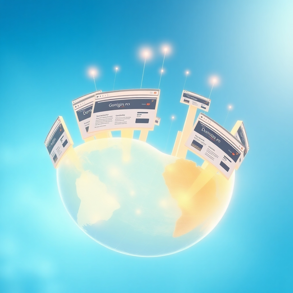 A photorealistic, ultra-high definition (8K) image illustrating the concept of SEO. The main focus is a stylized, glowing world globe with search engine result pages (SERPs) rising organically from its surface, each displaying a website related to a fictitious Hattiesburg, MS-based business, prominently featuring the name 'Dominion Web Design Pro'.  The globe should be partially transparent, with glowing lines connecting the globe and the SERPs, representing the organic nature of SEO.  The background features a soft, gradient blue sky, symbolizing the vastness of the internet, and the lighting is soft and ethereal, emphasizing the magical and efficient nature of top rankings. The color palette should consist of calming blues and greens, with accents of gold and white to highlight the websites and rankings. The camera angle is a three-quarter view, with the viewer looking down on the globe and the upward-reaching SERPs. The mood should be positive, hopeful, and aspirational. The style should be a blend of hyperrealistic photorealistic rendering and digital painting techniques, similar to the work of renowned fantasy artist Donato Giancola. The image should communicate professionalism, success, and the power of effective SEO.