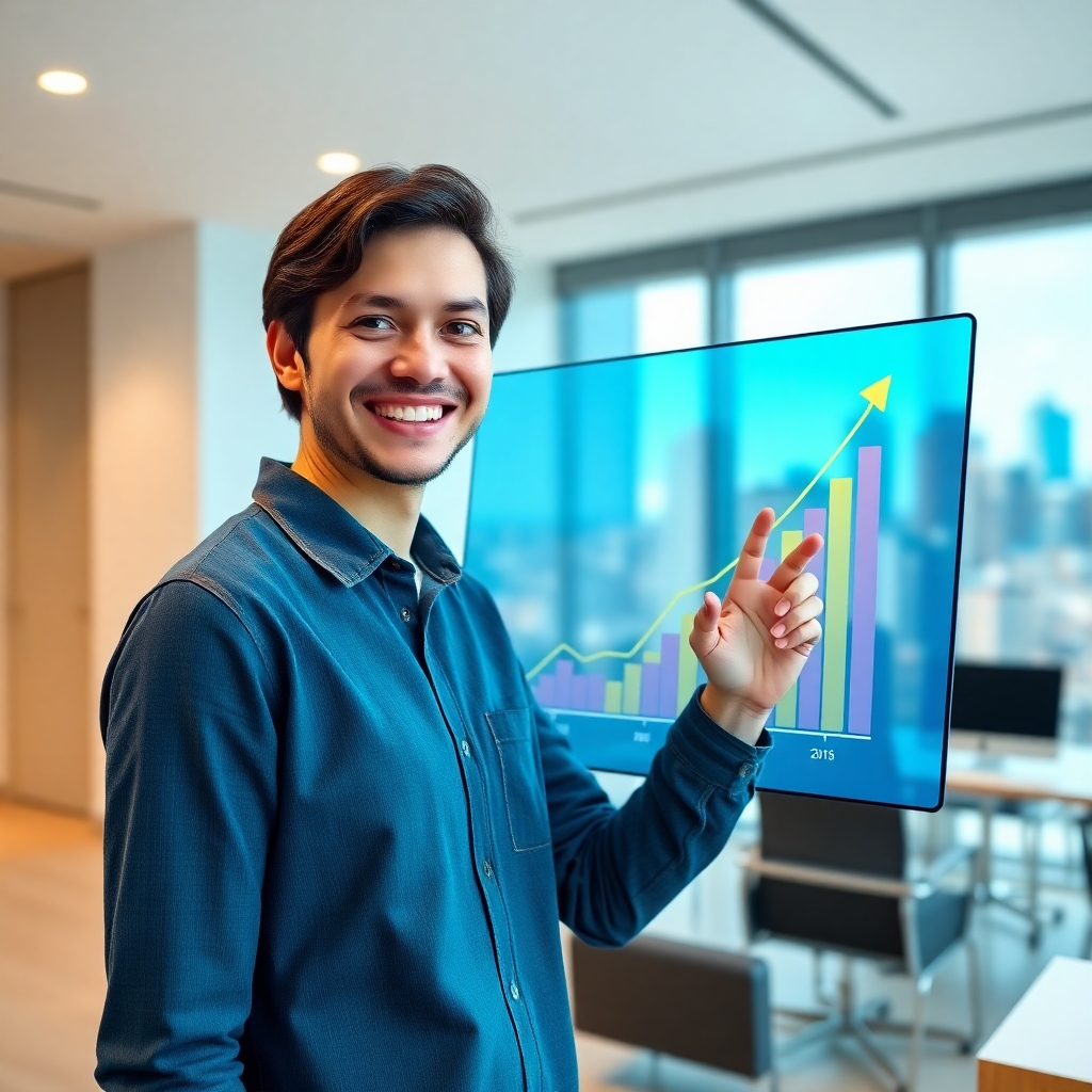 A photorealistic, ultra-high definition (8K) image depicting a person smiling confidently, using a large touch screen that shows a graph with positive upward trending lines. The graph is representing high search engine rankings. The screen is surrounded by a modern, minimalist office with soft, diffused lighting. The color palette is vibrant and optimistic, with bright blues, greens, and yellows, suggesting growth and success. The camera angle is a medium close-up shot of the person and the screen. Textures are smooth glass of the screen, the soft materials of clothing, and the sleek lines of modern office furniture.  The background is a slightly blurred but still visible depiction of a thriving city skyline. The mood is optimistic, successful, and dynamic. The overall style is inspired by the clean and modern aesthetic of professional marketing photography.  The image should be hyperrealistic, emphasizing the clarity of the data on the screen and the genuine joy of the person. The detail should be exceptional, showcasing a sophisticated and professional environment.