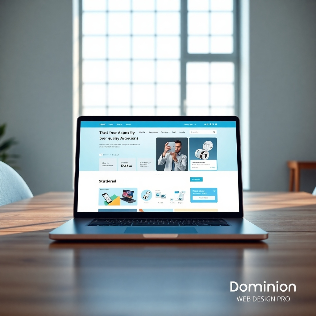 A photorealistic, ultra-high definition (8K) image depicting a modern e-commerce website interface displayed on a sleek, silver MacBook Pro. Soft, diffused lighting illuminates the screen, highlighting the website's clean design and user-friendly navigation. The color palette is a calming blend of blues and greens, evoking trust and reliability. The camera angle is slightly elevated, creating a perspective that emphasizes the website's functionality. The background is a minimalist, modern office space with soft, natural light streaming through a large window. Visible on the screen are high-quality product images, customer reviews, and a secure checkout process. The overall mood is sophisticated, professional, and trustworthy, reflecting the high-quality design and user experience. The image should be styled in the manner of a leading technology advertisement, emphasizing the website's ease of use. Textures should be highly detailed, showcasing the smooth glass screen of the MacBook, the subtle grain of the wooden desk, and the soft texture of the fabric chair. Include subtle reflections in the screen, adding to the realistic effect. The image should be hyperrealistic, showcasing intricate detail in every element. The scene should create an impression of calm productivity and technological advancement.  Include a subtle branded watermark in the bottom right corner of the MacBook's screen that features the name 'Dominion Web Design Pro'.