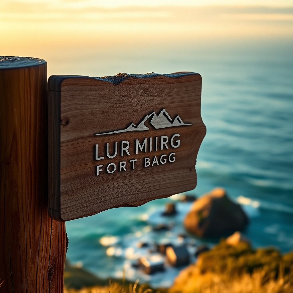 A photorealistic, ultra-high definition (8K) image of a newly designed logo for a fictional Fort Bragg business, displayed prominently on a rustic wooden signpost. The logo itself is modern and elegant, featuring a unique design reflecting the local scenery (e.g., redwood trees, ocean waves).  Dramatic side lighting casts a warm glow on the signpost.  The background includes a blurred but visible view of the scenic Fort Bragg coastline, with the Pacific Ocean in the distance.  The color palette consists of earthy tones, blues reflecting the ocean, and the logo's brand colors. The camera angle is a low-angle shot, making the logo appear large and impactful. Texture and material details are crucial; the wood grain of the signpost should be highly detailed, and the ocean's texture should be visible in the background. Style reference: National Geographic photography. The overall mood is one of natural beauty and professional branding.  The image should feel evocative and inspiring.