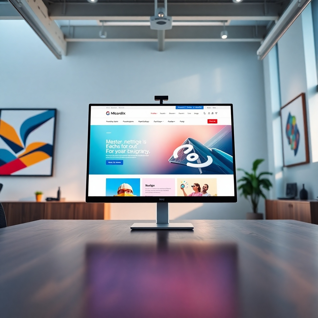 A photorealistic, ultra-high-resolution image showcasing a custom-designed website on a large monitor in a modern, brightly lit office. The website features a clean and intuitive interface, with high-quality images and a visually appealing layout. The color palette is vibrant yet professional, reflecting the client's brand identity – a technology company. Soft, diffused lighting illuminates the scene, avoiding harsh shadows. The camera angle is a slightly low, dynamic perspective, emphasizing the scale and modern design of the monitor and office environment. The background includes elements suggesting innovation and forward thinking – abstract geometric shapes and modern art pieces on the wall.  The image should capture the feeling of dynamic energy and innovative solutions. Style reference: Peter Lindbergh. The image must be hyperrealistic and ultra-detailed, showing the website's responsiveness and clean code implementation.  Textures should include wood, glass, and metal, all reflecting the light and lending to a modern, high-tech feel.