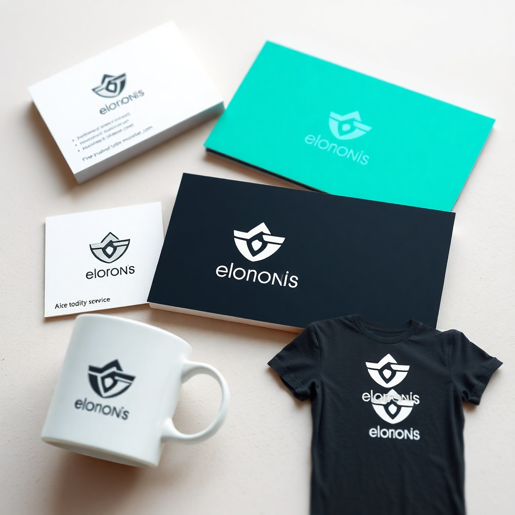 A photorealistic close-up shot of a beautifully designed logo on various brand applications, such as a business card, website header, and merchandise like a coffee mug and t-shirt. The logo should be crisp, memorable, and versatile across different mediums, reflecting a consistent brand identity. The background should be a clean, neutral-toned surface.