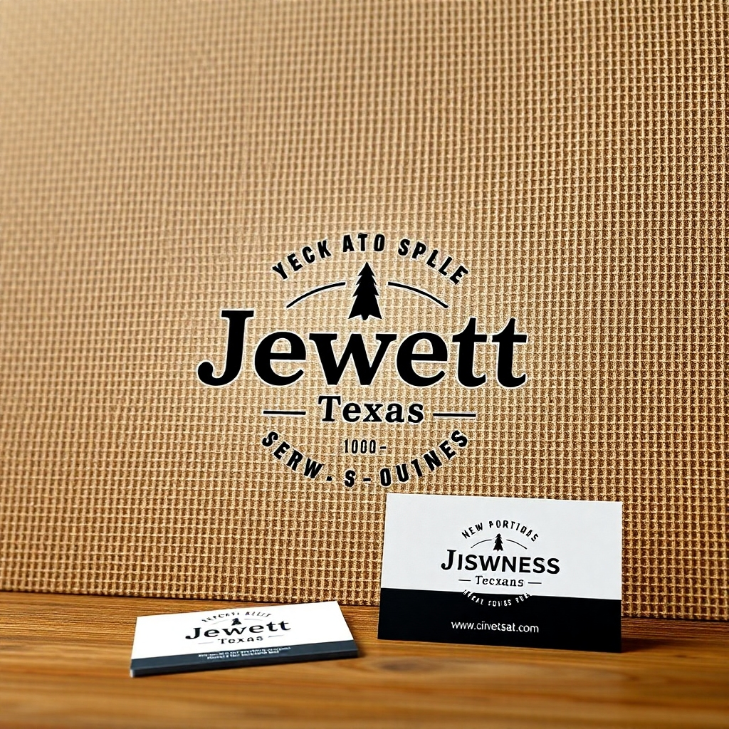 A photorealistic close-up shot of a newly designed logo for a fictional Jewett, Texas business. The logo should be clean, modern, and memorable, reflecting the business's identity. The background should be a high-quality texture, perhaps wood or canvas, to give a rustic yet refined feel. The lighting should be soft and even, highlighting the logo's details. The logo should be accompanied by a business card mockup to showcase the overall branding.