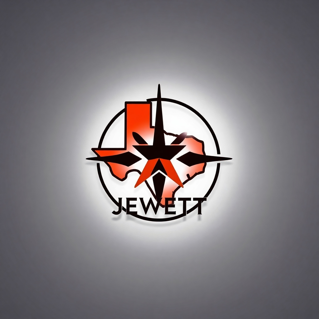 A photorealistic close-up shot of a sophisticated logo design for a hypothetical Jewett, Texas business. The logo should be visually striking and memorable, utilizing a unique color palette and typography that reflects the business's identity.  The background should be a clean, neutral color that enhances the logo's visibility.