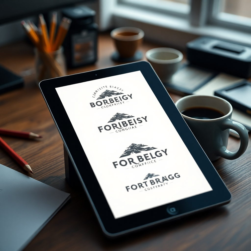 A photorealistic close-up shot of several different logo design mockups for a fictional Fort Bragg business, presented on a designer's desk with a tablet, pencils, and a cup of coffee. The background should be slightly blurred, focusing on the detailed logo designs.