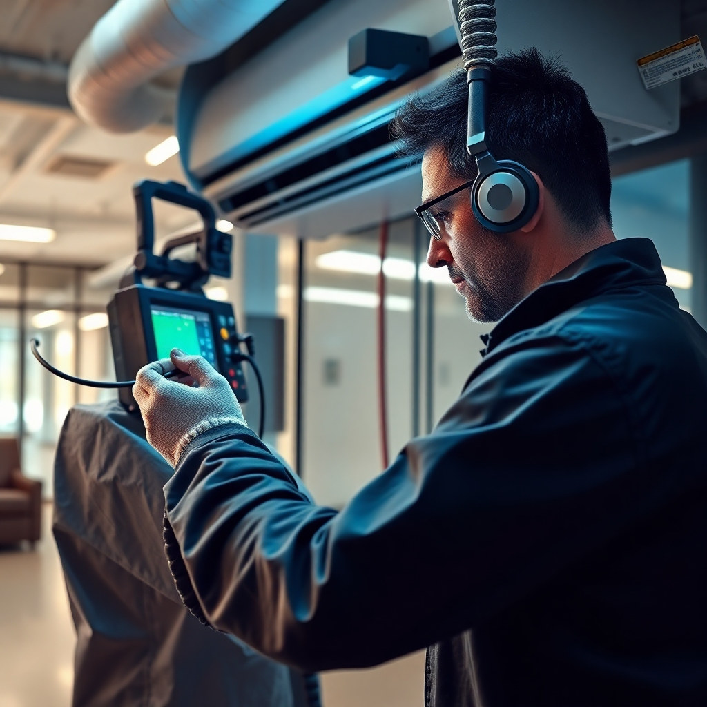 A photorealistic image, 8K resolution, of a technician using advanced equipment to diagnose a problem on a complex AC system.   Use deep and rich colors, conveying a high level of technology and precision. The background is a modern commercial space, adding context to the repair. Style references: Tech-focused imagery; emphasizing sophisticated equipment and advanced techniques.