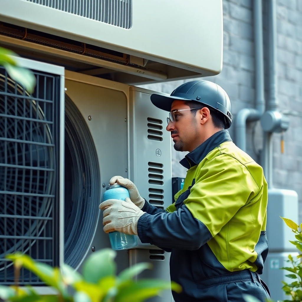 A photorealistic image, 8K resolution, showing a technician working on an AC unit with a focus on environmentally friendly aspects, such as recycling refrigerant or using sustainable tools. The color palette should be environmentally friendly, including natural greens and blues. Style references: Environmental-focused imagery, promoting sustainability and responsibility.