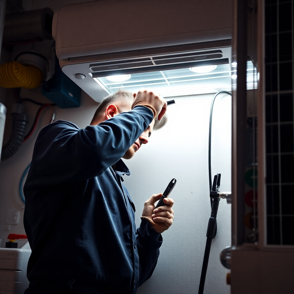 A photorealistic image, 8K resolution, showing a technician effectively repairing an air conditioning unit, highlighting the precision and quality of the work. Tools, components, and the technician should be clearly visible, emphasizing the precision and quality of the service. The color palette should be realistic, with attention to detail. Style references: High-end commercial photography, focusing on trust and reliability.