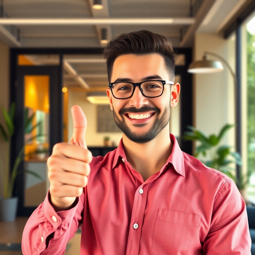 A photorealistic image, 8K resolution, showing a happy business owner giving a thumbs-up in front of their cool and comfortable office. The background should show a modern, stylish office building. The image uses a warm, optimistic color palette, with natural lighting to enhance the happy atmosphere. The style references include successful business images with happy customers. The image should reflect trust and positive outcomes.