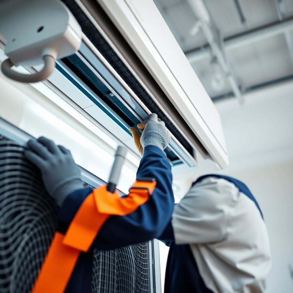 A photorealistic image, 8K resolution, showcasing a technician performing routine maintenance on a commercial AC system.  Bright lighting and a clean environment. Focus on detailed aspects of the maintenance process, like cleaning filters, checking connections, etc. The style is clean, modern, professional and highly realistic.