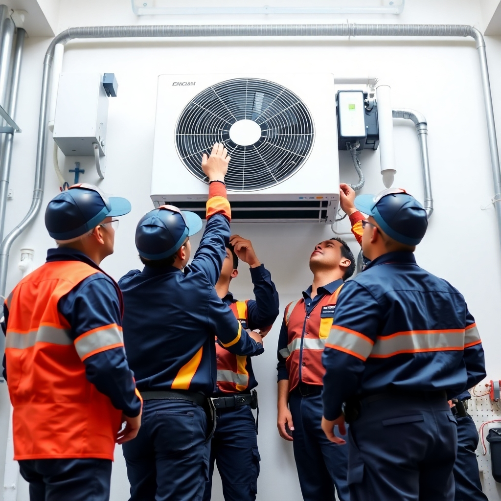 A photorealistic image, 8K resolution, showcasing a team of professional, uniformed technicians working together to repair a large-scale commercial AC system. The image is taken from a medium-distance perspective, providing a comprehensive view of the team in action. The style references high-quality commercial and industrial photography that conveys professionalism and efficiency.