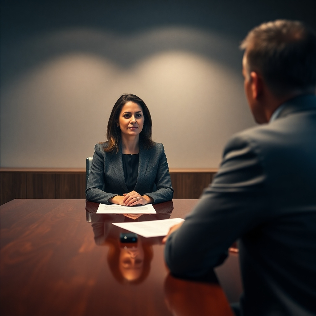 A photorealistic image, 8K resolution, hyperrealistic, portraying Stephanie, a confident woman in her 30s, professionally dressed, sitting across a polished mahogany table from an IRS agent in a modern, well-lit office.  The lighting is slightly dramatic, emphasizing the intensity of the situation. The color palette is composed of deep blues, rich browns, and neutral grays, reflecting seriousness and professionalism. The camera angle is from a neutral perspective, showing the interaction between Stephanie and the agent equally.  There are important tax documents on the table.  Stephanie is composed and confident, conveying a sense of assuredness.  The background is subtly blurred, with neutral colors. The IRS agent is portrayed neutrally, not overly stern or aggressive. Style references should include professional legal photography and photojournalism. The image should be ultra-detailed, capturing the texture of the table, the subtle expressions on Stephanie's and the IRS agent's faces and the fine details of the tax documents.  Focus should be on achieving an image that instills confidence and trust in Stephanie's ability to handle a tax audit.