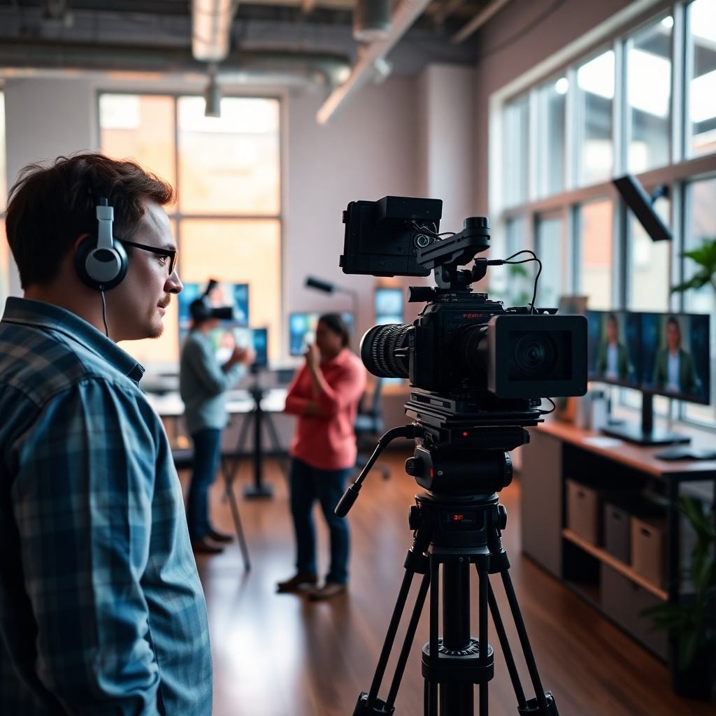 A photorealistic image, 8K resolution, hyperrealistic detail, shot on a RED camera.  The image depicts a behind-the-scenes look at a professional video shoot.  The scene is set in a vibrant, modern office in Jewett, Texas.  Soft, diffused lighting illuminates the set, creating a pleasant and welcoming atmosphere.  The main focus is on a film crew meticulously working on a video production, with professional equipment and lighting visible.   The color palette is bright and energetic, full of natural light and vibrant colors representative of Jewett, Texas.  The camera angle is from slightly behind the camera operator, showcasing the collaborative nature of the video production process.  Textures are extremely detailed: the smooth surfaces of the camera equipment, the rough texture of the wooden floors, and the fine details of clothing.  Background elements include various monitors displaying the video footage, props relevant to the video's subject matter, and the overall organized setup of a professional video production team. The style is reminiscent of a high-end commercial production, conveying professionalism and meticulous attention to detail. The scene is dynamic and engaging, showcasing the skill and expertise involved in high-quality video creation. The overall mood is positive, creative, and dynamic, capturing the energy and enthusiasm of a professional video shoot.