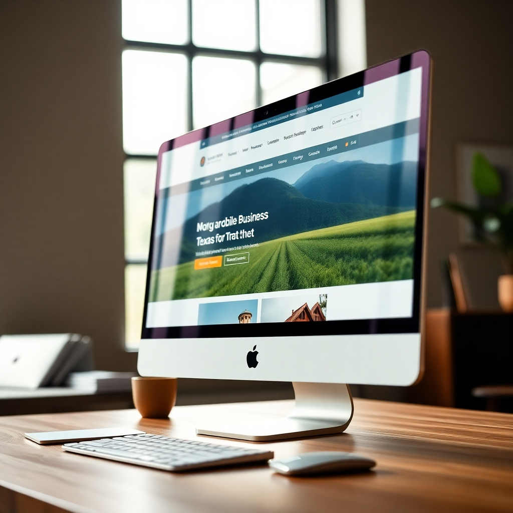 A photorealistic image, 8K resolution, hyperrealistic detail, in the style of Annie Leibovitz.  The image shows a modern, responsive website design displayed on a high-end iMac Pro, angled slightly to the left, bathed in soft, diffused natural light from a large window.  The website showcases a Jewett, Texas based business, featuring high-quality product photography and clean typography.  The color palette is a sophisticated mix of blues and greens, conveying trust and professionalism.  The background includes subtle details of a modern, minimalist office environment.  The iMac's reflection shows a blurred image of the surrounding office.  Textures should be highly realistic - the smooth glass of the iMac, the subtle grain of the wooden desk.  The overall mood is calm, professional, and inviting.  The focus is sharply on the iMac screen, showcasing the website's design and functionality.  There is a subtle bokeh effect in the background to highlight the website's design, creating depth and visual interest. The website's design should display a user friendly interface featuring high quality photographs of the Texas countryside and showcase professional local businesses. The scene evokes a sense of modern professionalism and technological advancement, highlighting the quality of the web design.