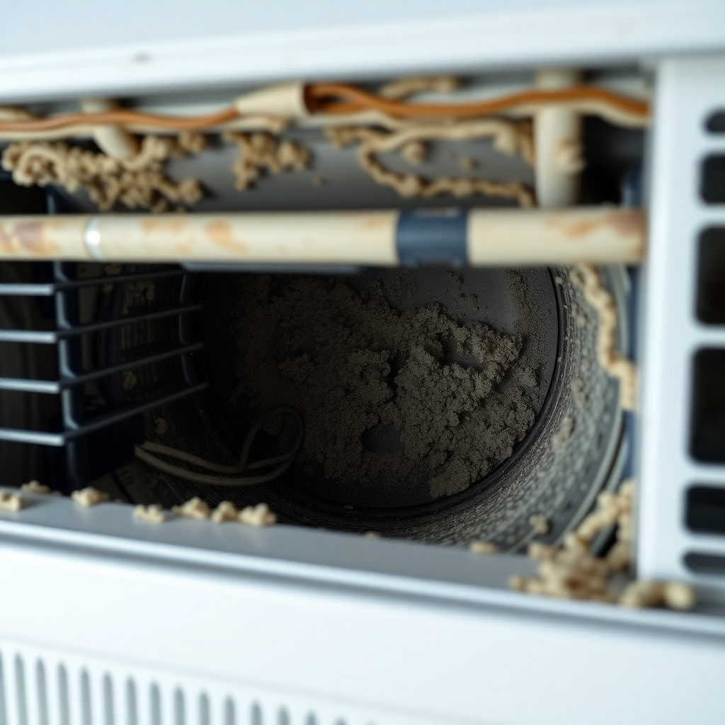 A photorealistic image depicting the inside of an AC unit showing mold or mildew growth, to clearly highlight the health hazard and the need for professional service. The image should use dramatic and close-up lighting.