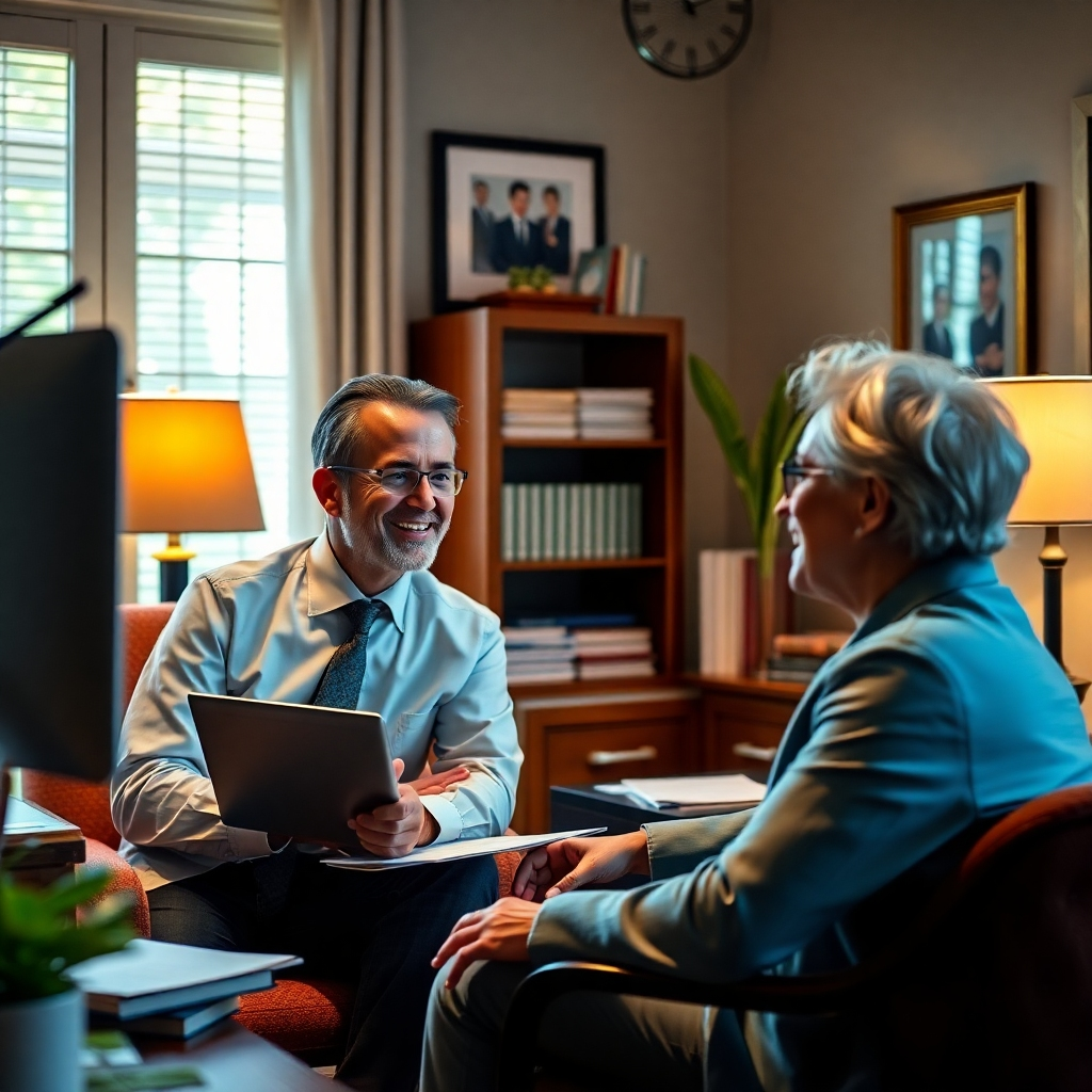 A photorealistic image depicting a friendly tax professional attentively listening to a client in a comfortable, private office setting. The image should convey a sense of trust, understanding, and personalized service. Emphasize the warm, welcoming environment. High-resolution, detailed image, showing genuine interaction between professional and client.