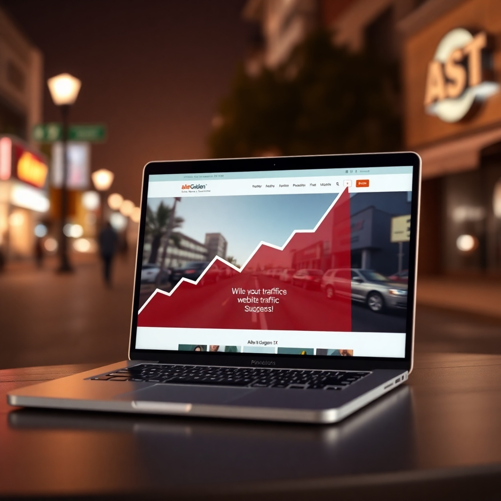 A photorealistic image depicting a graph showing significant website traffic growth, overlaid on a laptop screen displaying a beautifully designed website.  The background features a blurred image of the bustling streets of Alba Golden, TX, representing local business growth. The overall mood is one of success and progress.