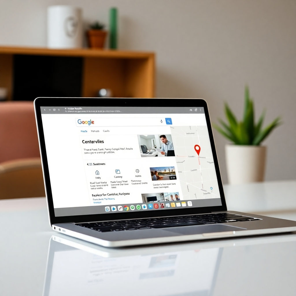 A photorealistic image depicting a laptop screen displaying a Google search results page with a Centerville, Texas business prominently featured at the top.  The background should show a map of Centerville, Texas with a marker highlighting the business location. The overall style should be clean and professional.