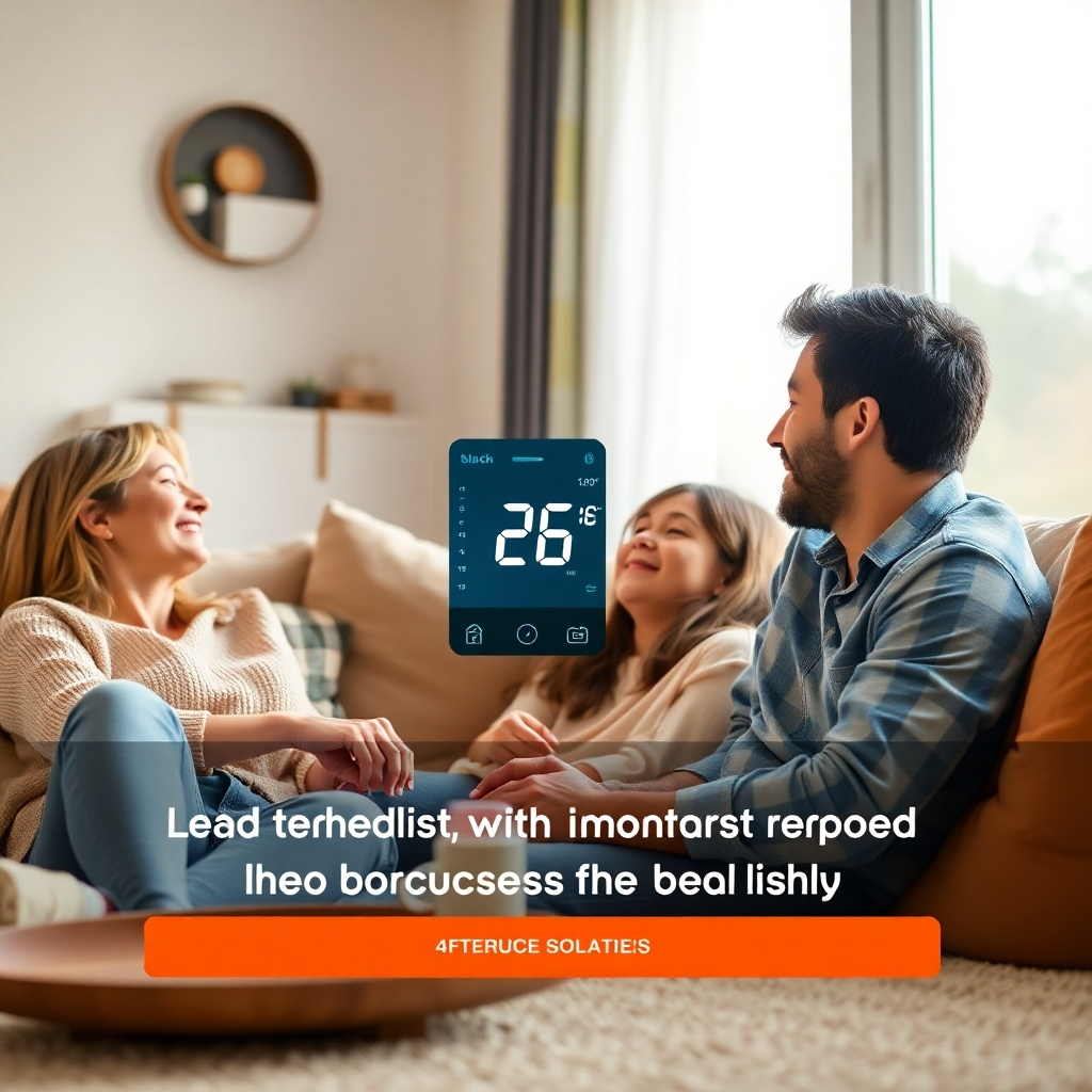 A photorealistic image depicting a family happily relaxing in their comfortable home with a temperature display showing a pleasant temperature. The scene should be bright, clean and suggest comfort, ease, and affordability, possibly referencing imagery from successful companies that prioritize customer satisfaction and care.  The image should feel inviting, warm and peaceful and stress the importance of budget-friendly solutions. Technical specs: 4K resolution, high quality.