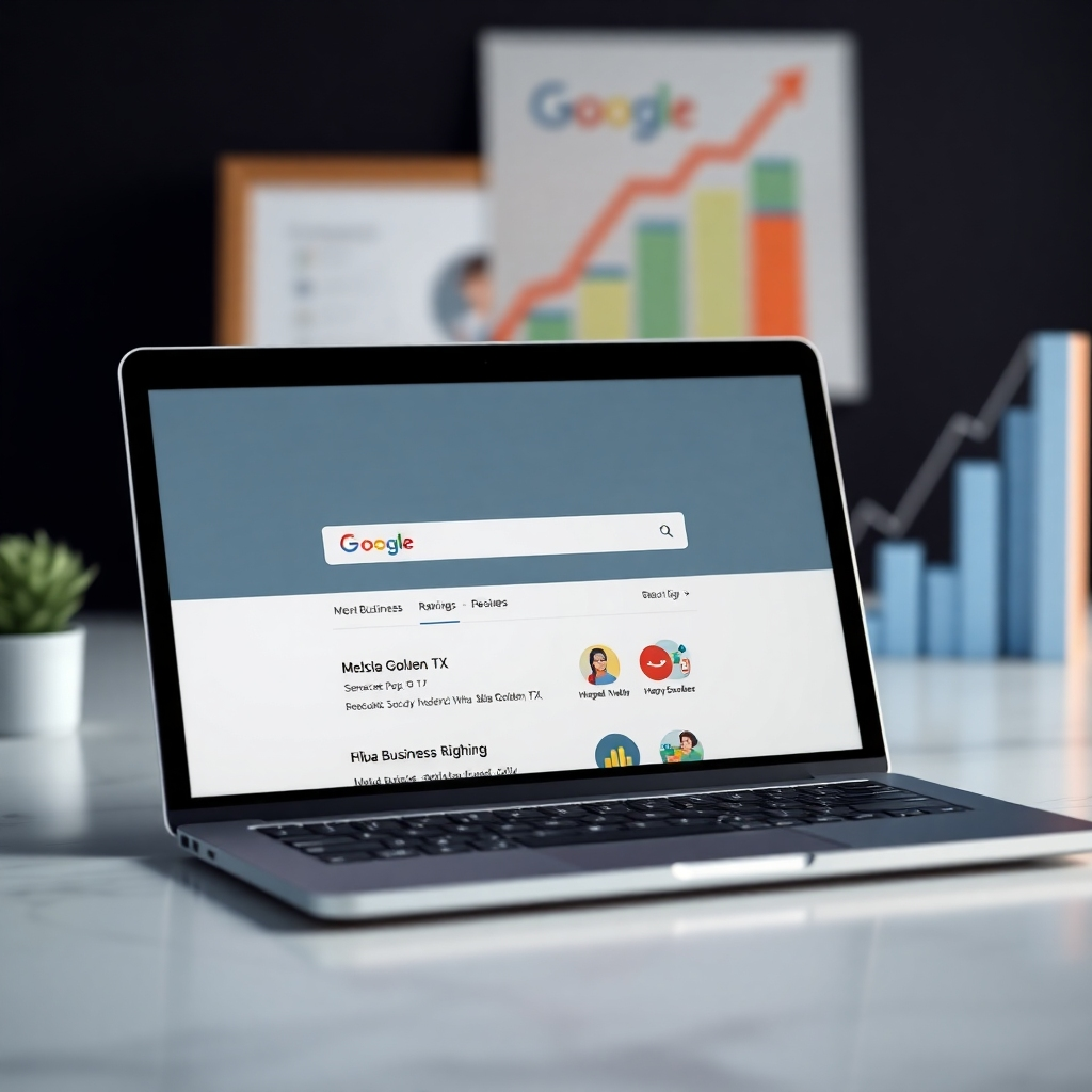 A photorealistic image depicting a laptop screen displaying Google search results with a website ranking high.  The website's logo should subtly reflect Alba Golden, TX branding.  The background should include elements suggesting a successful business (e.g., charts showing growth, happy customers).  The overall tone should convey success and achievement.