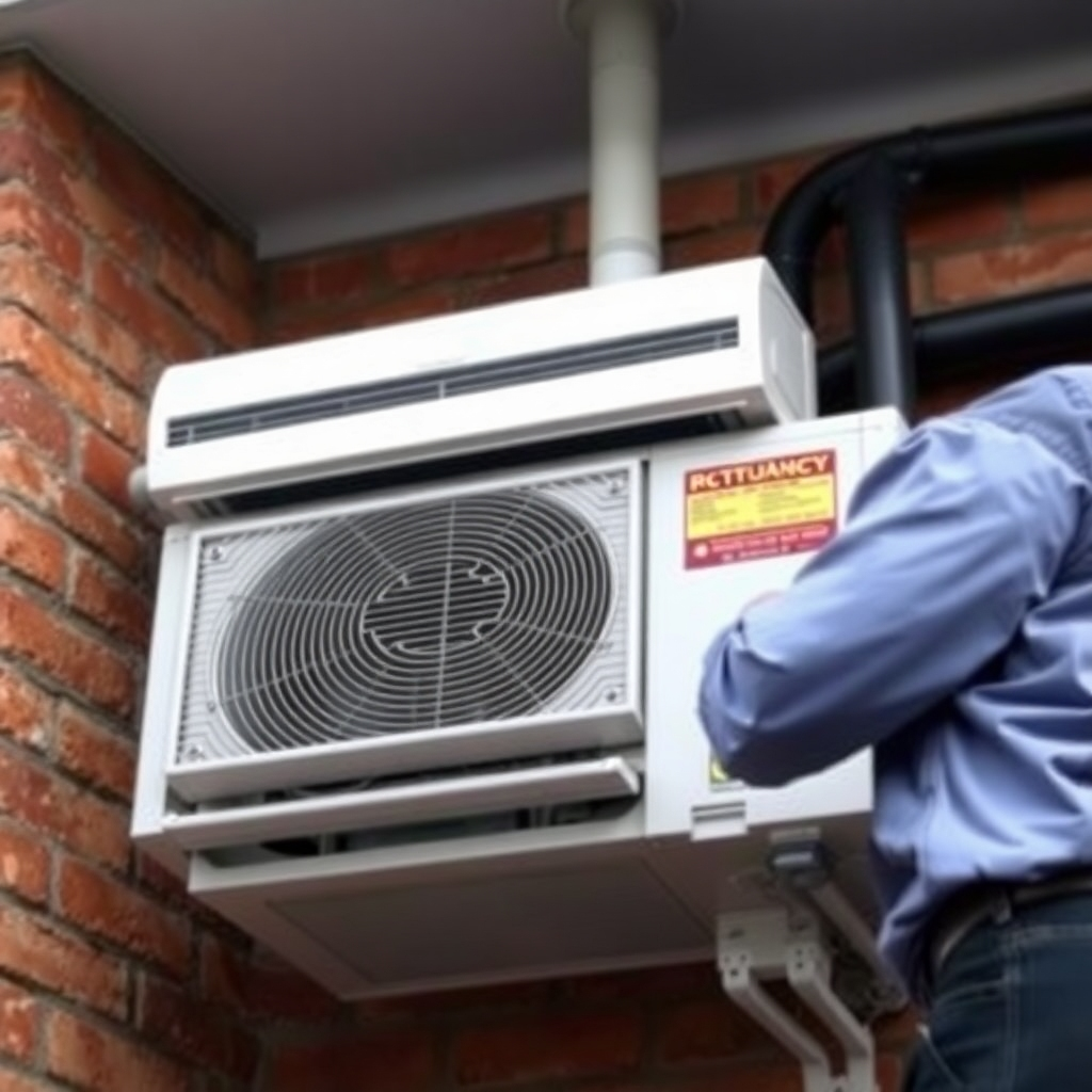 A photorealistic image depicting a new AC unit being installed professionally, highlighting quality and expertise.
