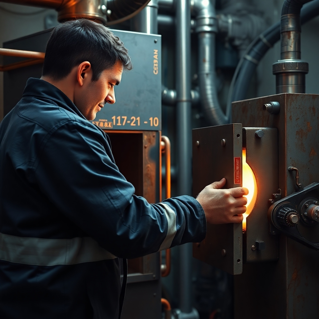 A photorealistic image depicting a technician working on a furnace, showcasing their expertise.