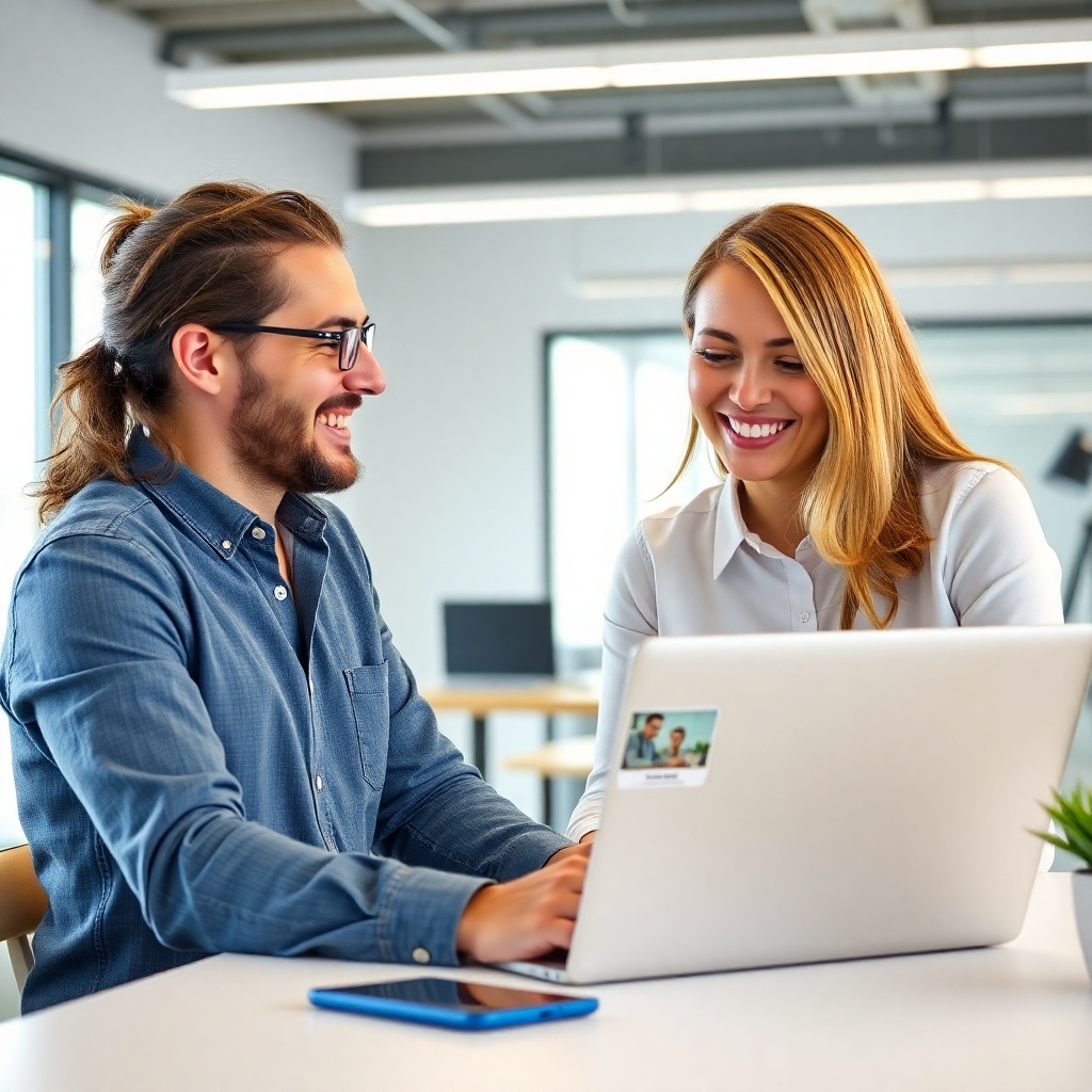 A photorealistic image depicting a friendly, professional web designer collaborating with a client in a bright, modern office. They should be looking at a laptop displaying a website mockup, smiling and engaged in conversation.