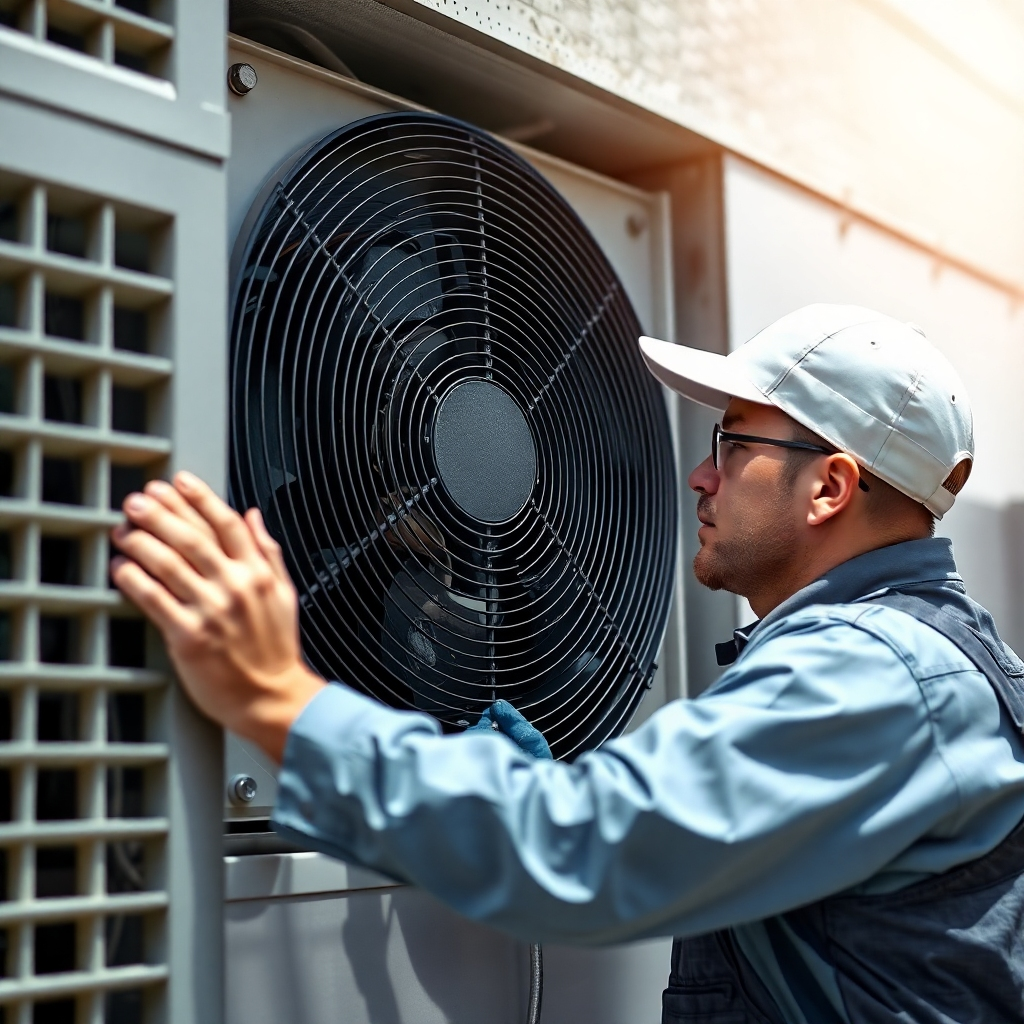 A photorealistic image depicting a technician performing routine maintenance on an AC unit, with the focus being on cleanliness and professional care. The image should use bright lighting and showcase the technician's diligence.