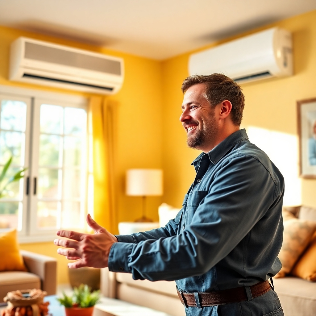 A photorealistic image depicting a friendly HVAC technician working on a ductless AC unit inside a home in Cedar Park. The technician is smiling and interacting with a happy customer. The setting is a comfortable living room with natural light streaming through the windows. Focus on conveying expertise, trust, and customer satisfaction. The color palette is warm and inviting, with yellows and oranges balanced by cool blues and greens. Style: Professional, friendly, and reliable. Technical specs: 4K resolution, high quality.