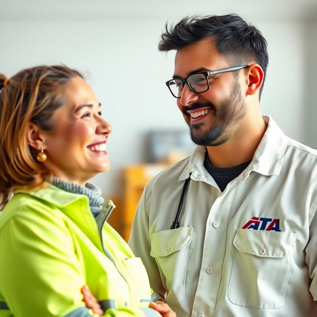 A photorealistic image depicting a satisfied customer interacting positively with one of the company's technicians. The scene should be bright, clean and suggest trust and reliability. Technical specs: 4K resolution, high quality.