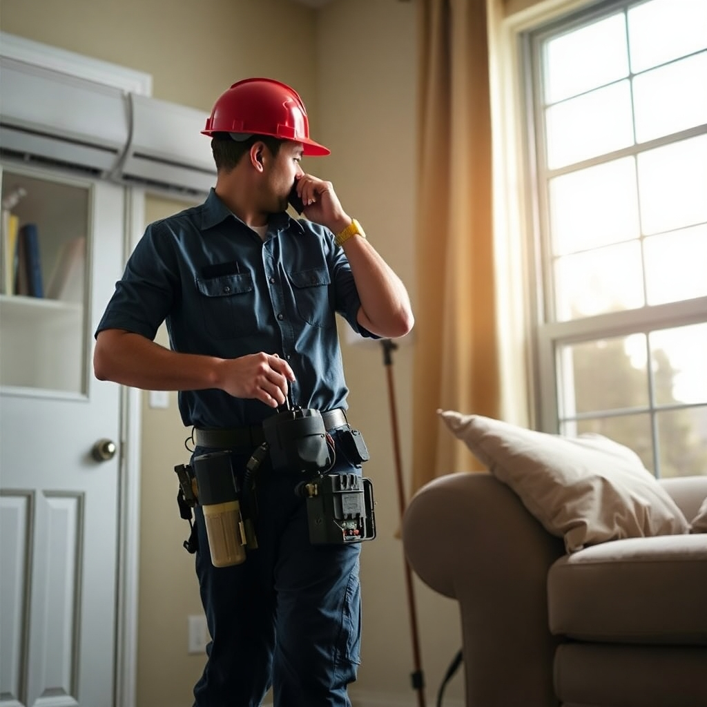 A photorealistic image depicting a technician quickly responding to an emergency AC repair call in a Cedar Park home, showcasing the urgency and efficiency of the service.