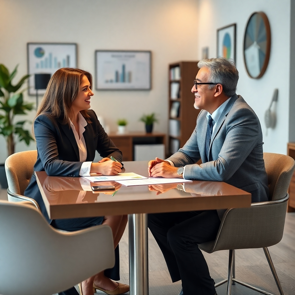 A photorealistic image depicting a financial advisor and a client sitting across a table in a professional, yet welcoming, office setting. They are actively engaged in a discussion, with papers and charts subtly in the background. The image should highlight a positive and collaborative atmosphere, implying trust and expertise. Lighting should be soft and natural, with a focus on the faces of the advisor and client.