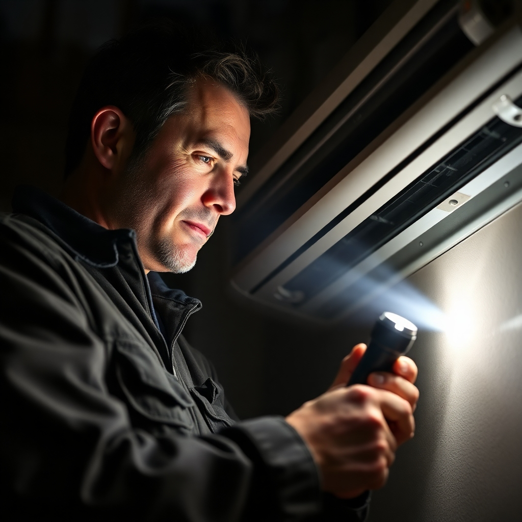 A photorealistic image depicting a technician working on a ductless AC unit at night, using a flashlight. The focus is on the technician's focused expression and the tools they are using. The lighting should be dramatic, with strong contrasts between light and shadow. Style: Urgent, professional, and reliable. Technical specs: High resolution, realistic rendering.