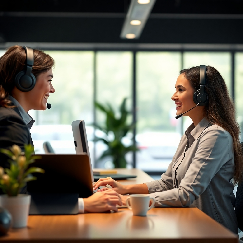 A photorealistic image depicting a friendly and helpful customer service agent providing support to a customer. The setting should be professional and inviting. Technical specs: 4K resolution, high quality.