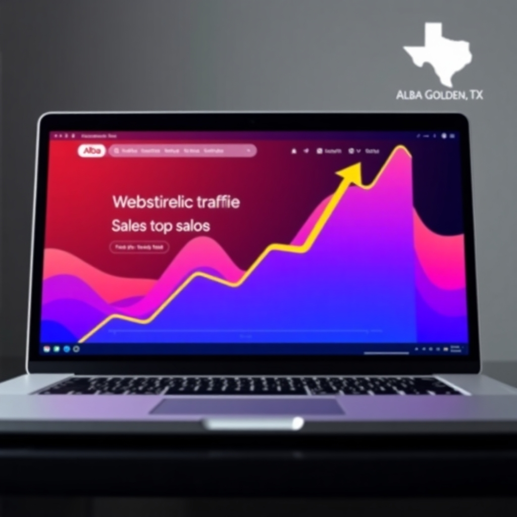 A photorealistic image depicting a graph showing a sharp upward trend in website traffic and sales, overlaid on a laptop screen displaying a beautifully designed website. The Alba Golden, TX logo is subtly in the background.