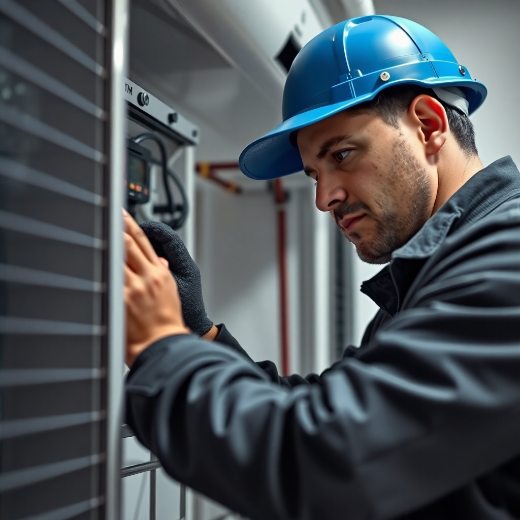 A photorealistic image focusing on a technician working on a heating unit, showcasing expertise and efficiency.  Technical specs: 4K resolution, high quality.