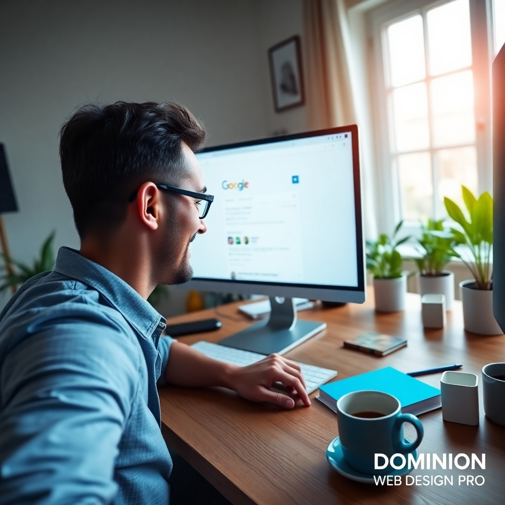 A photorealistic image in 8k resolution depicting a person happily looking at a computer screen showing a website ranking highly in Google search results. Soft, diffused daylight illuminates the scene from a window to the left. The color palette is bright and cheerful, with a dominant blue reminiscent of Google's branding, along with greens suggesting growth and success. The camera perspective is over the shoulder of the person, slightly looking down at the computer screen, creating an intimate and engaging view. Textures are realistic: the smooth surface of the computer screen, the grain of the wooden desk, and the soft fabric of the person's clothing. The background is a clean and organized home office with plants, creating a sense of calm and productivity. The screen shows the website clearly with the business name prominently displayed at the top and the Google search results page with the website listed at the top with high ranking metrics. Scattered around the desk are notebooks, pens, and coffee mugs; details indicating active and focused work. The lighting and overall style should be in the style of a lifestyle stock photography aimed at success and entrepreneurship.  The style should evoke a sense of success and fulfillment achieved through effective SEO. The image should be extremely detailed, capturing every subtle texture and reflection. Include a subtle branded watermark in the bottom right corner that says 'Dominion Web Design Pro'.