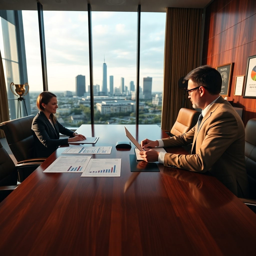 A photorealistic image in cinematic 4K resolution.  The setting is a high-end, modern conference room in The Woodlands, TX, with a large glass window offering a view of the city skyline. A tax consultant is engaged in a meeting with a client, discussing financial documents spread across a large, polished wooden table. Warm, soft lighting creates a comfortable atmosphere.  The color palette consists of deep, rich earth tones that evoke a sense of stability and sophistication. The textures are highly realistic and detailed; one can perceive the fine grain of the wooden table, the smooth texture of the leather chairs, and the crispness of the documents. The camera angle is slightly low, emphasizing the authority of the consultant and the importance of the financial discussion. The overall mood is one of confidence and trust.  The style is reminiscent of a scene from a prestigious financial magazine, elegant and precise. The background subtly shows awards and financial charts to depict successful tax planning. Small, tasteful details such as expensive pens and a high-end laptop subtly show the premium nature of the consultation.