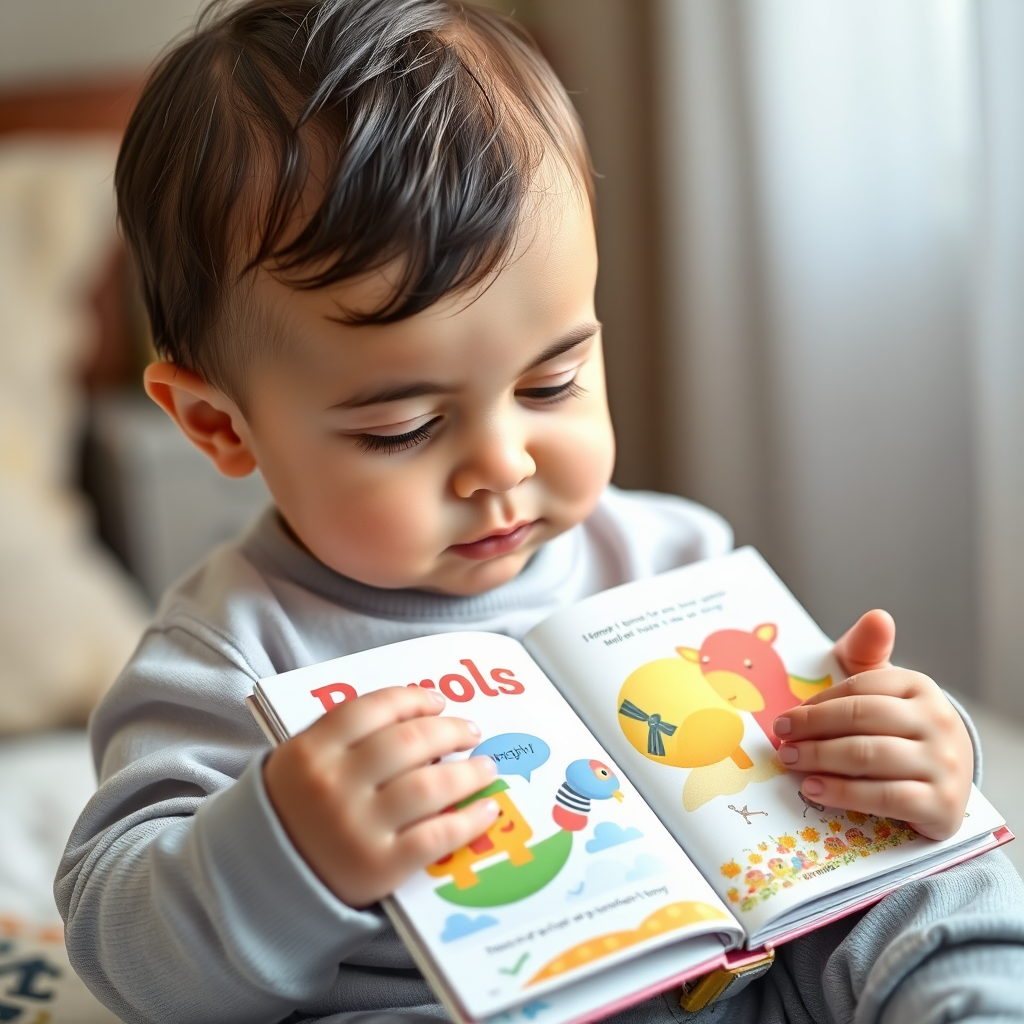 A photorealistic image of a baby or toddler holding and exploring a colorful board book. The focus is on the child's interaction with the book. The lighting is soft and gentle. Capture the textures of the book and the child's hands. 4k resolution.