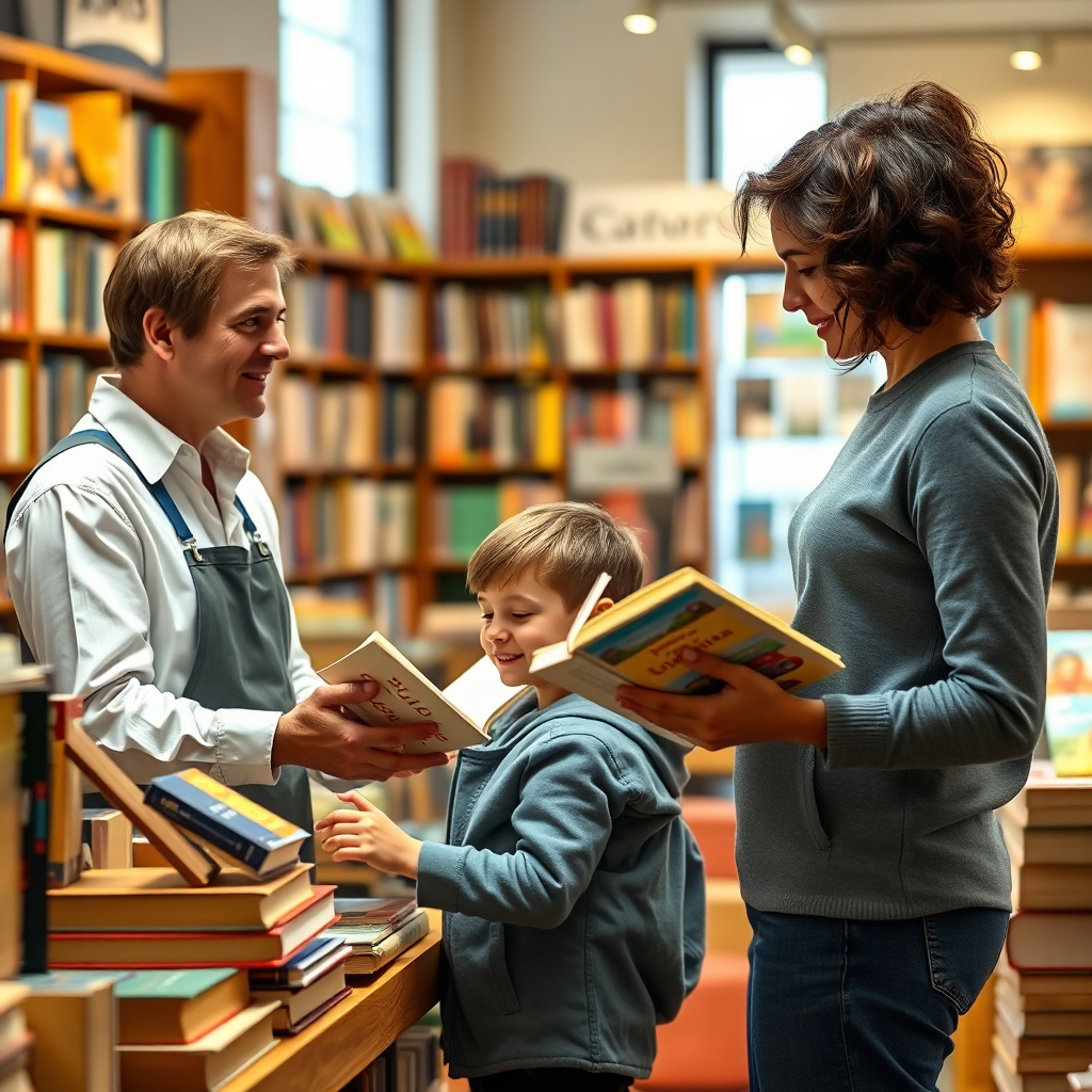 A photorealistic image of a bookseller providing personalized book recommendations to a parent and child in a bookstore. The scene is warm and inviting, showcasing the expertise of the bookseller and the excitement of discovering new books. 4k resolution.