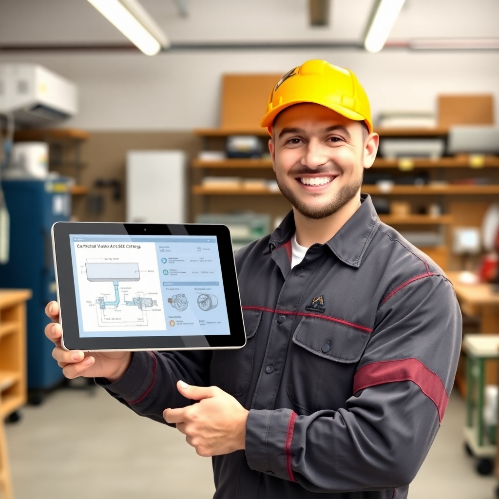 A photorealistic image of a certified HVAC technician with a friendly smile, holding a tablet displaying technical diagrams of a ductless AC system. The background should be a clean and organized workshop. Focus on conveying expertise, professionalism, and trustworthiness. Style: Clean, professional, and reliable. Technical specs: High resolution, realistic rendering.