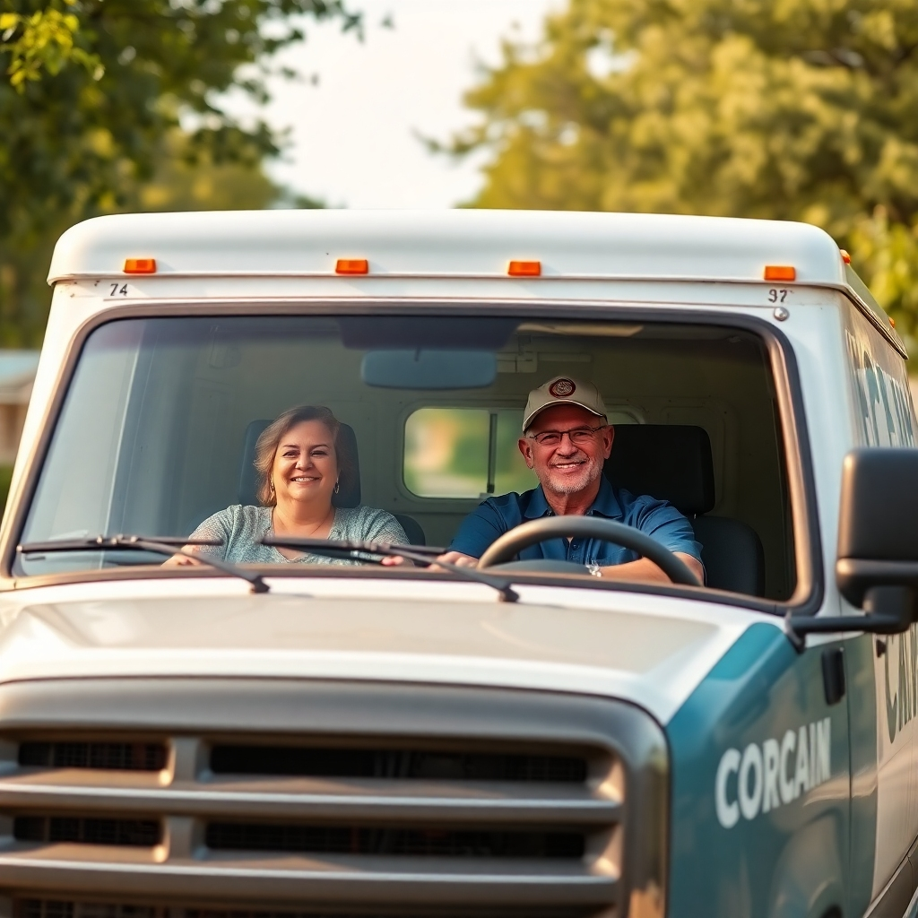 A photorealistic image of a Cedar Park TX AC Repair truck driving through a Cedar Park neighborhood, with friendly, smiling residents. High-quality 4K resolution, friendly and approachable style.