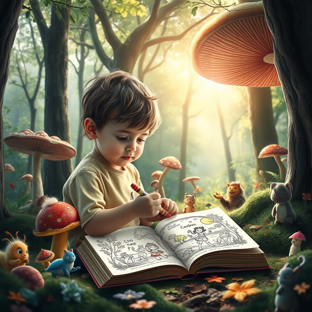 A photorealistic image of a child sitting in a fantastical forest, surrounded by giant mushrooms and friendly creatures, all brought to life from the pages of a storybook. The child is holding a crayon and coloring a scene from the book, making the forest come alive with color. Soft, dappled sunlight filters through the trees. The overall palette is vibrant and magical.