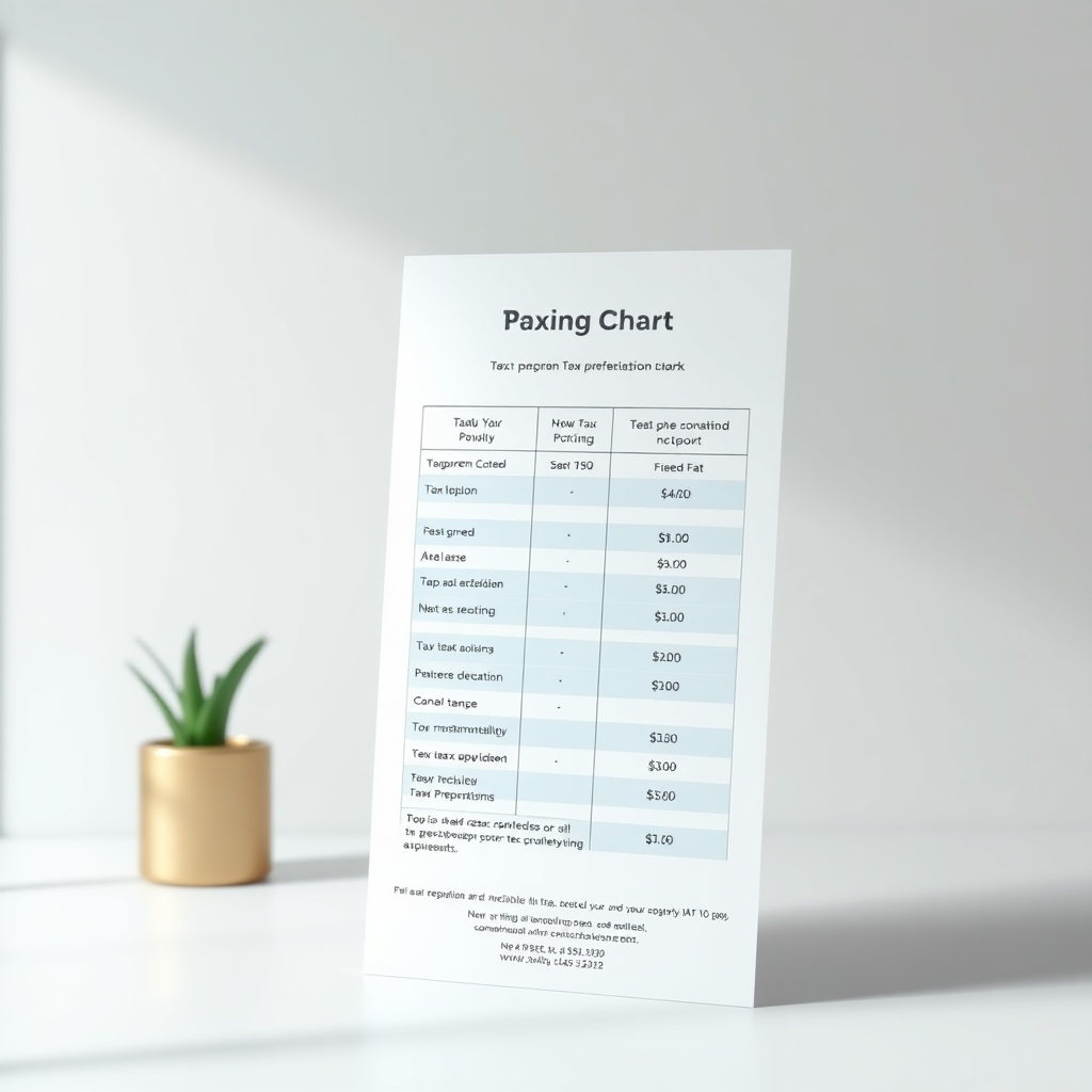 A photorealistic image of a clear, easy-to-read pricing chart or brochure for tax preparation services, with a focus on transparency and affordability. The background should be clean and professional, perhaps subtly incorporating the logo of a local tax preparation firm. The image should convey a message of clear communication and value for money.