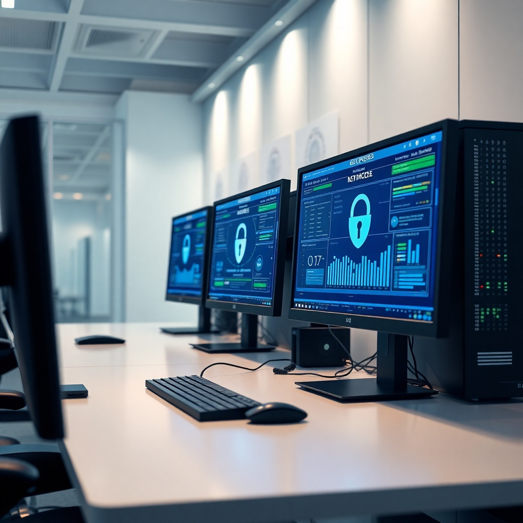 A photorealistic image of a clean, modern office featuring secure computer systems with encrypted data and advanced tax software displayed on screens.  The image should subtly showcase cutting-edge technology without being overly technical. High-resolution, detailed image emphasizing security and modern technology. The background should be subtly blurred, focusing on the secure systems.